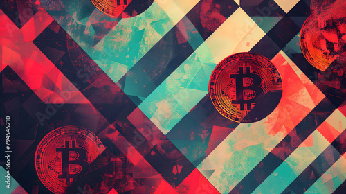 abstract background with geometric shapes and bitcoin , retro colors, vintage style, dark red and teal color palette, digital art