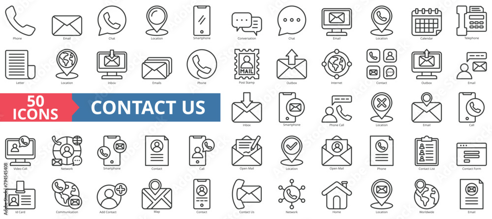 Contact us icon collection set. Containing phone, email, chat, location, smartphone, conversation, calendar icon. Simple line vector.