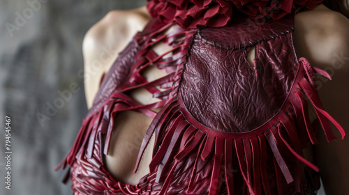 A corsetstyle top made of deep red leather featuring exaggerated fringe and intricate stitching akin to barbed wire. . photo