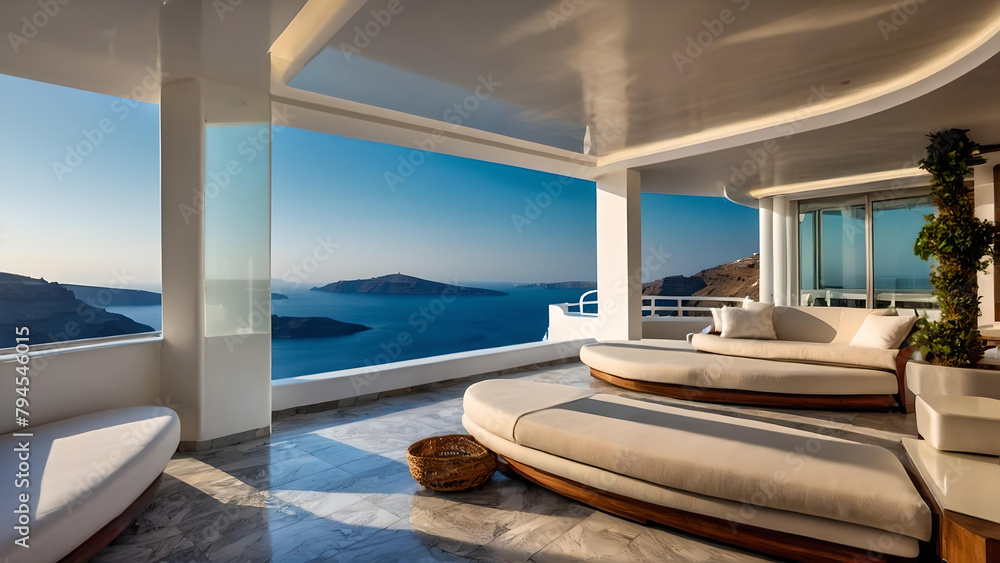Luxury Hotel Room with pool and sea landscape in Santorini , Greece Luxury Hotel Room with pool and sea landscape in Santorini , Greece