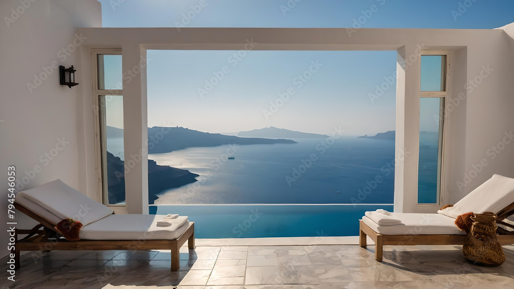 Luxury Hotel Room with pool and sea landscape in Santorini , Greece Luxury Hotel Room with pool and sea landscape in Santorini , Greece
