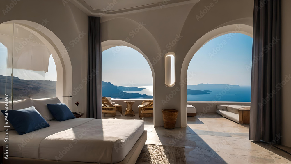 Luxury Hotel Room with pool and sea landscape in Santorini , Greece