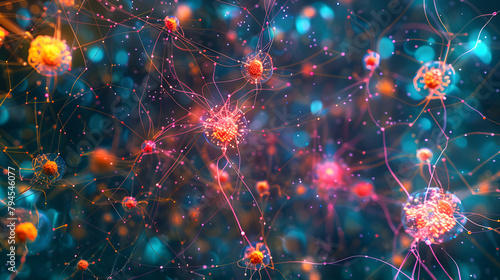 A network of interconnected nodes, representing an artificial intelligence network with bright colors, highly detailed, very realistic.