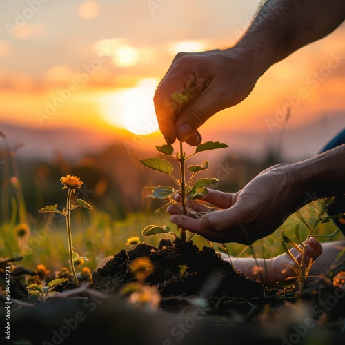 hand holding a growing tree under the sky at sunset surrounded by grass