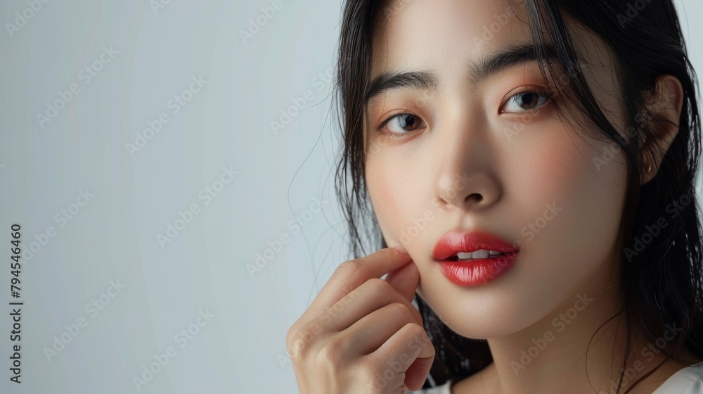 Young Asian professional in a white studio, focused, applying lip gloss, looking determined and stylish, styled as sleek modern graphic art. Young Asian professional in a white studio, focused, applying lip gloss, looking determined and stylish, styled as sleek modern graphic art.