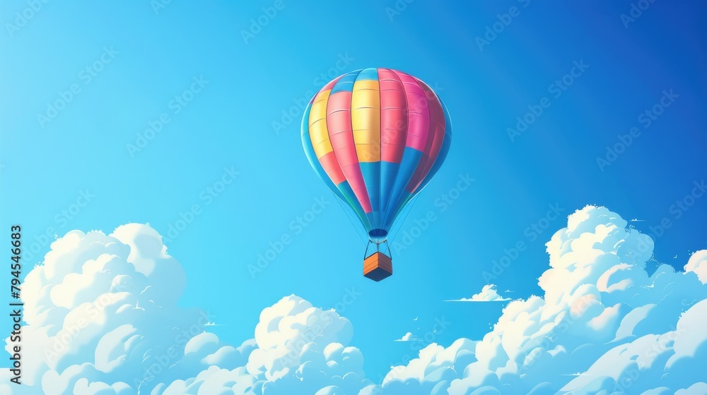 Naklejka premium A vibrant cartoon illustration featuring a hot air balloon set against a backdrop of clear blue skies