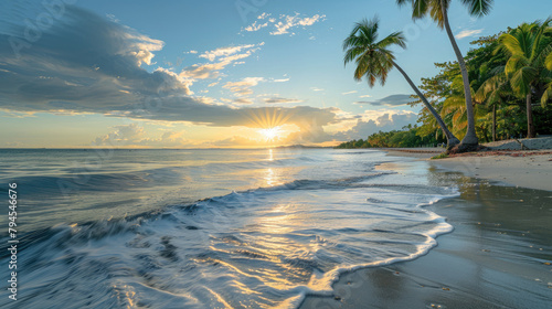 Tropical sunset with gentle waves caressing the sandy beach under swaying palm trees