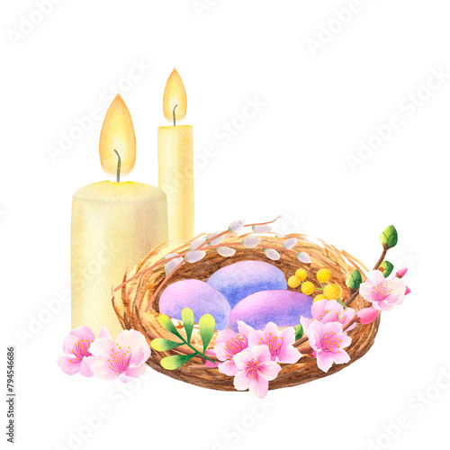 Bird's nest with purple eggs, branches with flowers and Easter candles on a white background. Hand drawn watercolor illustration. For design, cards, invitations, congratulations, packaging, printing