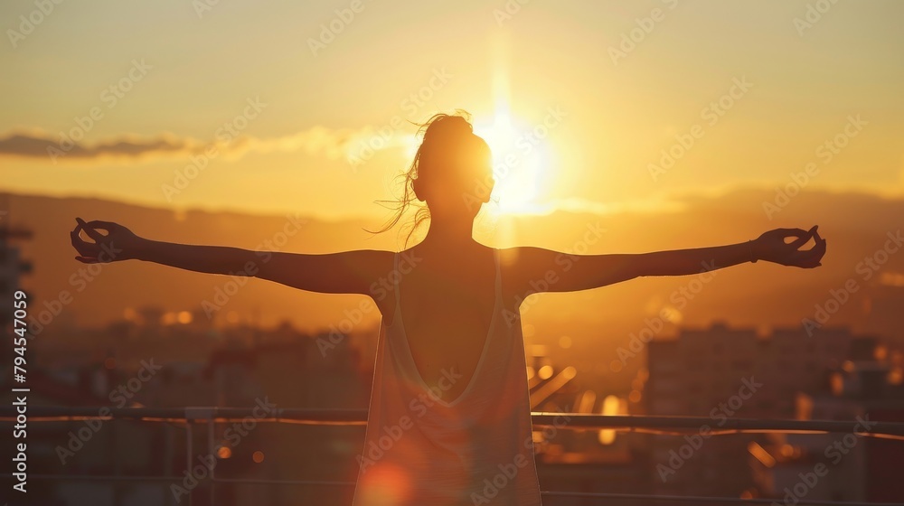 Fototapeta premium Young Latin woman on a rooftop at sunrise, arms outstretched in a yoga pose, embodying peace and morning freshness, styled as a dynamic silhouette against the rising sun.