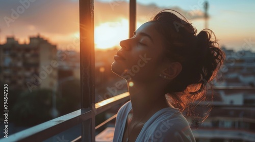 Young Latin woman on an urban balcony with a panoramic view of the sunrise, in a meditative stance with a calm and collected demeanor, styled as a cinematic portrait with dramatic lighting. photo