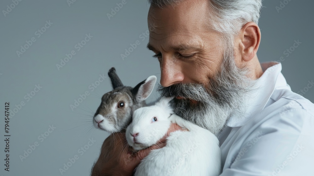 Zoologist in a studio, caring, holding animal models, compassionate, styled as realistic portraiture. Zoologist in a studio, caring, holding animal models, compassionate, styled as realistic portraiture.