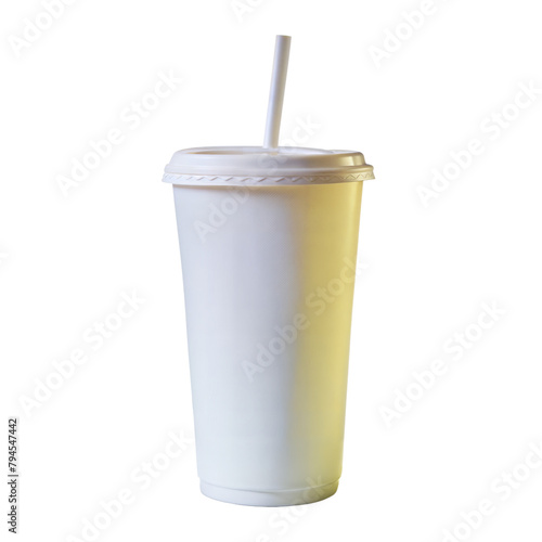 Disposable paper cup with lid and straw on transparent background
