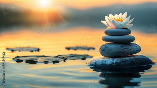 Beautiful lotus flowers and pile of stones on the water surface at sunset