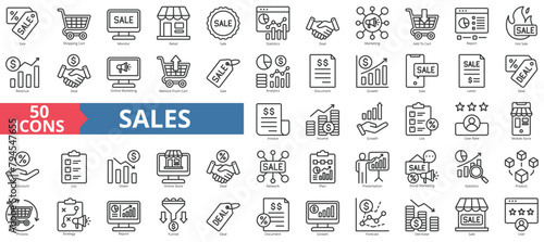 Sales icon collection set. Containing sale, shopping cart, monitor, retail, statistics, deal, marketing icon. Simple line vector.