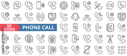 Phone call icon collection set. Containing chat, ringing, dial, telephone receiver, add contact, timer, favorite icon. Simple line vector.