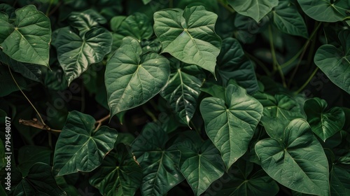 Close up image of unedited green taro leaves growing in tropical woodlands