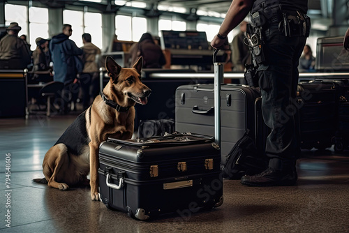 Customs security officer with sniffer dog  checking luggage photo
