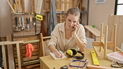 Caucasian woman entrepreneur multitasks taking notes and speaking on phone in a well-equipped carpentry workshop. photo