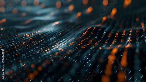 a digital rain of orange binary code cascading down a dark black background, with a sense of movement and flow of information, symbolic of the digital age. image for big data concept background photo
