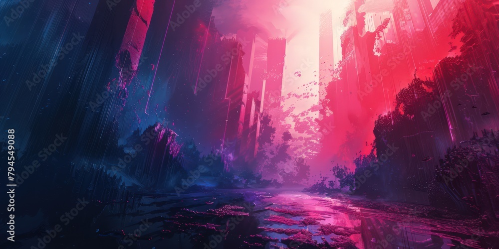 Fantasy city abstract background with dark purple and pink color gradients