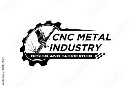 Computer Numerical Control Machine CNC logo design, metal work industry with gear and spark light welding illustration.