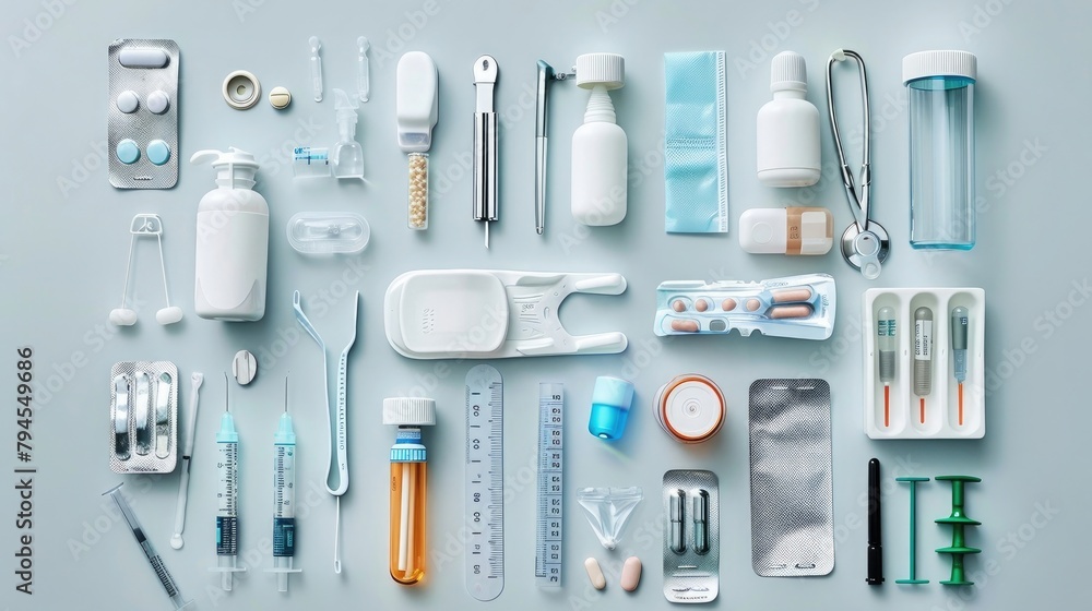 Many different medical objects on light background, flat lay