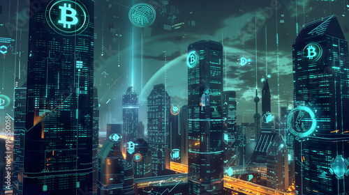 Futuristic cityscape with holographic Bitcoin symbols and digital currency icons, surrounded by high-tech buildings innovation and advanced financial technology. Digital illustration