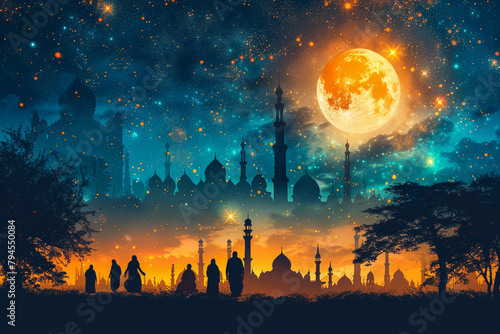 Ramadan Kareem background with prayer and Mosque dome with twilight dusk sky,Silhouette Muslim man making a supplication(salah),Vector symbolic for Islamic religion,Eid al-Adha,Eid Mubarak,Eid al fitr photo