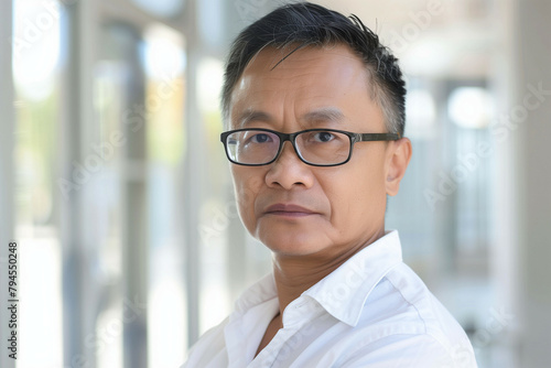 Portrait of a thoughtful middle-aged Asian man with glasses © mankjon