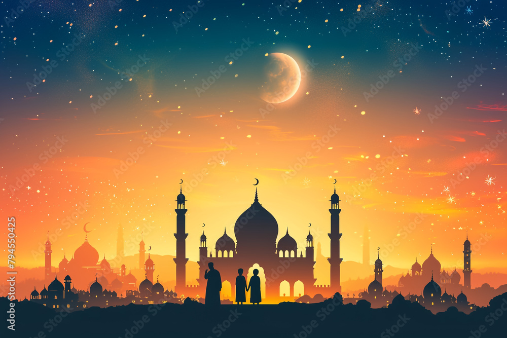 Ramadan Kareem background with prayer and Mosque dome with twilight dusk sky,Silhouette Muslim man making a supplication(salah),Vector symbolic for Islamic religion,Eid al-Adha,Eid Mubarak,Eid al fitr