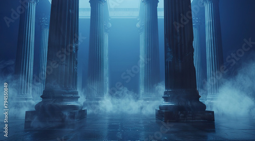 Illustration of large Greek temple style columns in blue tones with a soft mist between the pillars. Large monumental columns in empty space.