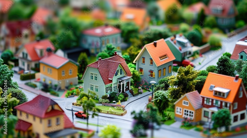 Miniature model city with colorful houses, trees, and roads. Realistic style with a tilt-shift effect. Mixed urban and suburban landscape concept.