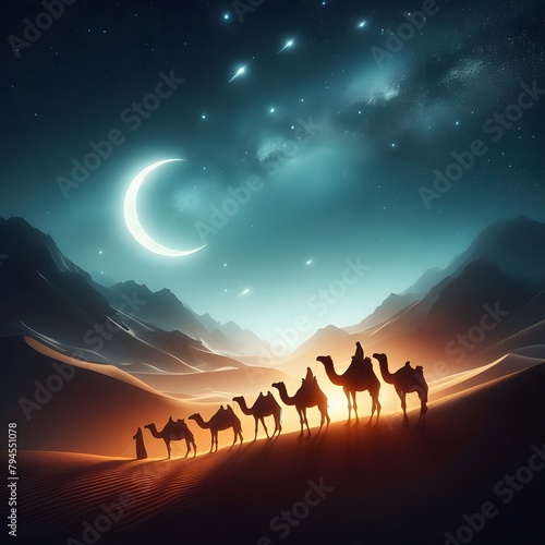 Wild Camels in the desert at night