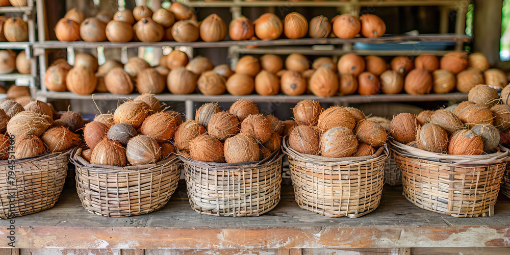 Bountiful coconut harvest displayed at market Bountiful coconut harvest displayed at market