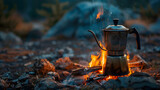 Vintage coffee pot on camping fire with a wonderful evening atmospheric background, ideal for travel and outdoor lifestyle