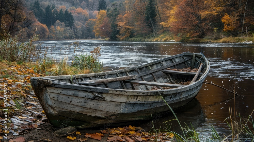 An old wooden fishing boat awaits the start of the navigation season on the riverbank set against the picturesque backdrop of the flowing river An old wooden fishing boat awaits the start of the navigation season on the riverbank set against the picturesque backdrop of the flowing river