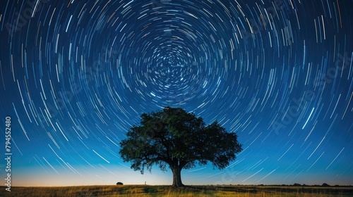 Night sky over lone tree with circular star trails, centered and symmetrical composition