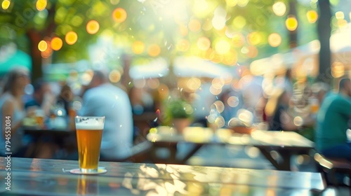 A hazy dreamlike backdrop of a lively beer garden with blurry figures dancing to live music and enjoying cold beverages. .