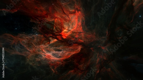 Red Hydrogen Nebula with hot glowing proto stars in deep space star field. 3D illustration wide shot of the birth of stars and the theory of Big Bang. Hot plasma ignites solar fusion. photo