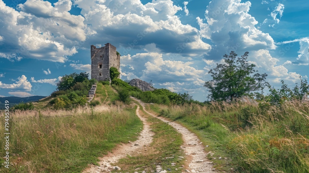 Panoramic view of a path leading to an old hilltop castle tower under a blue sky with white puffy clouds