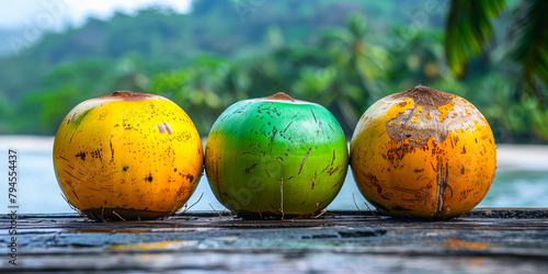 Stages of coconut ripeness on tropical beachfront photo
