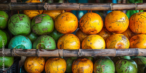 Colorful coconuts at various ripeness stages photo