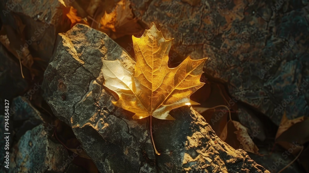 Sunlit golden leaf in the fall