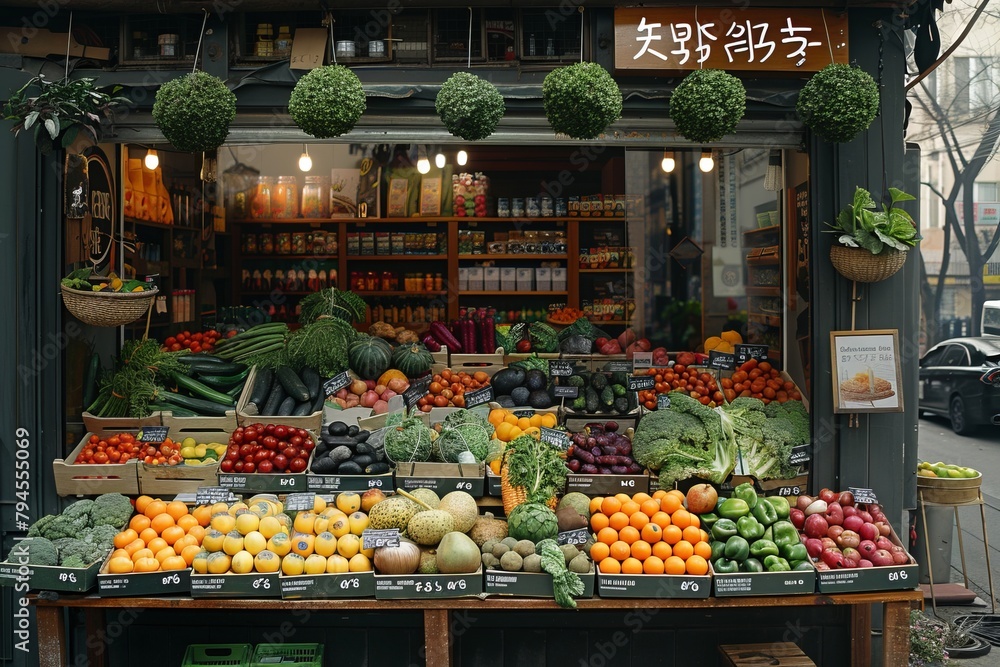 Greengrocer stand outside. Fresh fruit and vegetables in front of the store