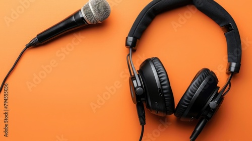 podcasting concept, directly above view of headphones and recording microphone on orange background