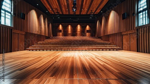 an empty auditorium room with polished wooden floors and wooden plank walls 