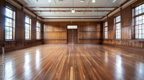 an empty auditorium room with polished wooden floors and wooden plank walls 