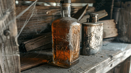 A vintage whiskey bottle covered in layers of dust and spiderwebs sits on a wooden shelf next to a tarnished silver flask. . photo