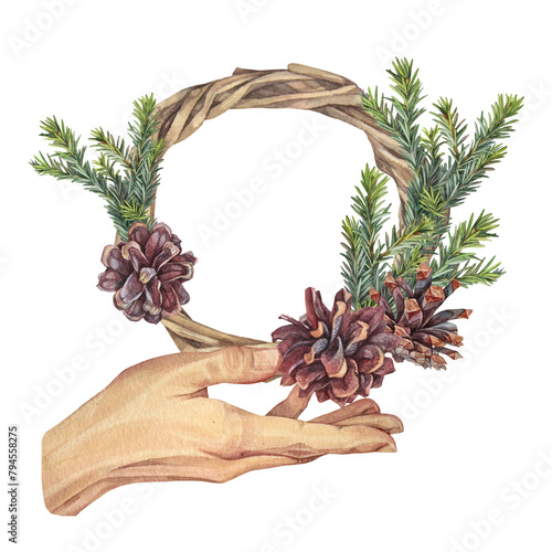 Watercolor hand and christmas wreath with fir and pine cones isolated on white background. Circle frame border template. Hand-drawn clipart with copy space for new year invite or wallpaper