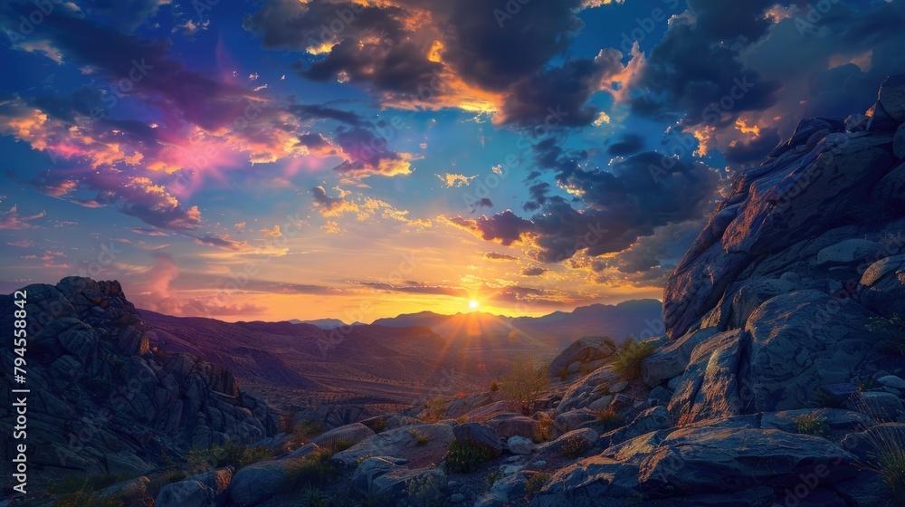 Scenic Sunset Amid Mountain Rocks with Vibrant Sky and Open Space